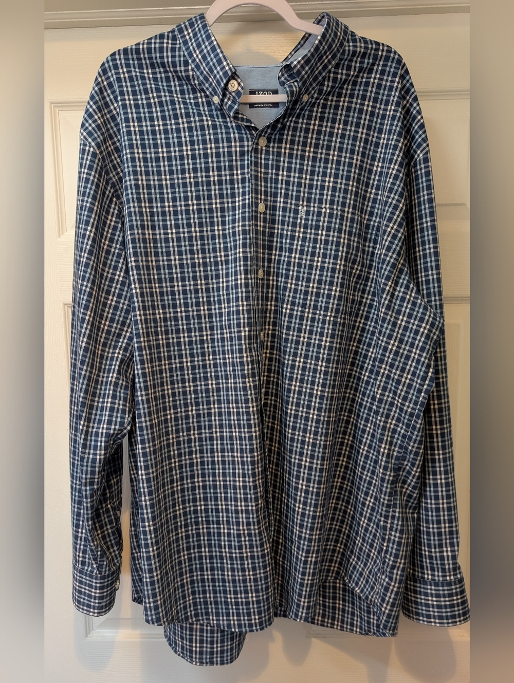 Izod Non Iron Stretch 2 Tone Blue Plaid Casual Button Down 2XLT Cotton Blend